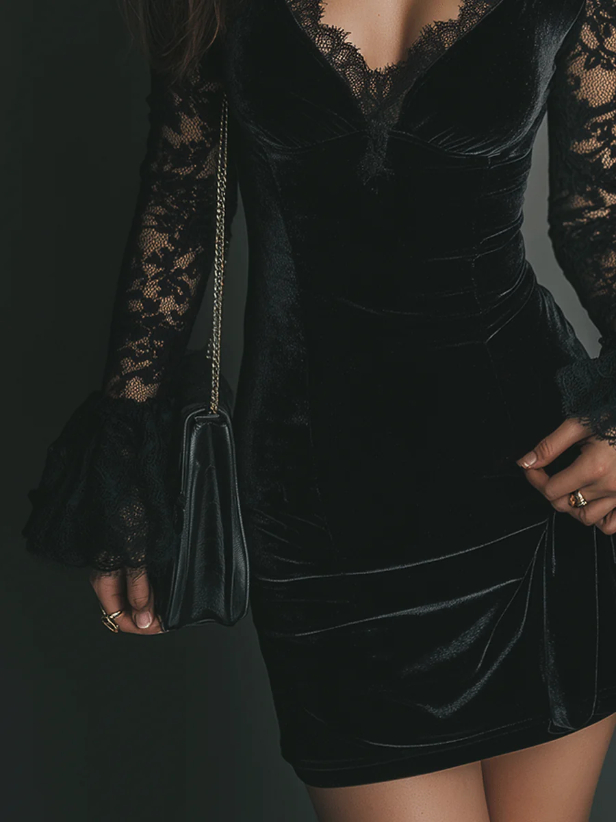 Orinthia | Aksamitna mini sukienka z koronką